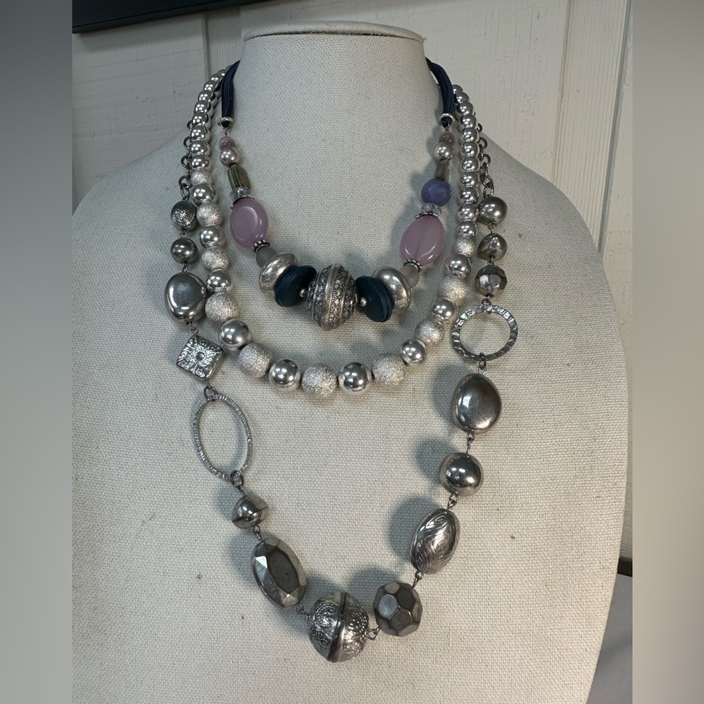 Three fun chunky silvertone statement necklaces